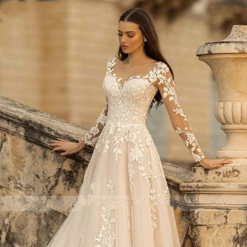 ELEGANT O-NECK LACE A-LINE BOHO LONG SLEEVES WEDDING DRESS – Lolas Couture  Collection